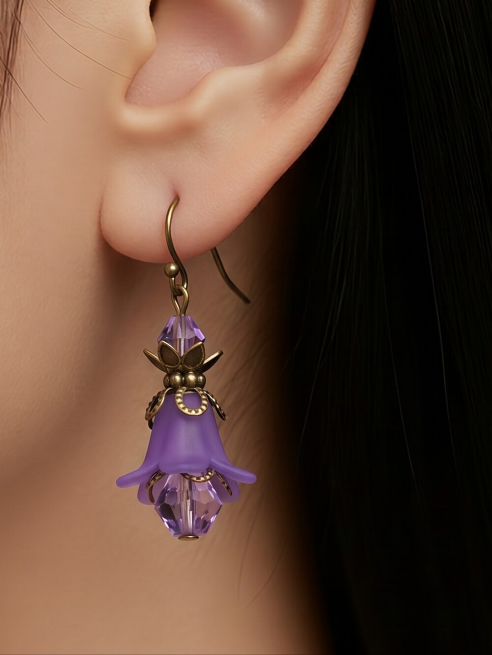 Purple Lucite Flower Drop Earrings Vintage Bronze Floral Garden Dangle Blossoms